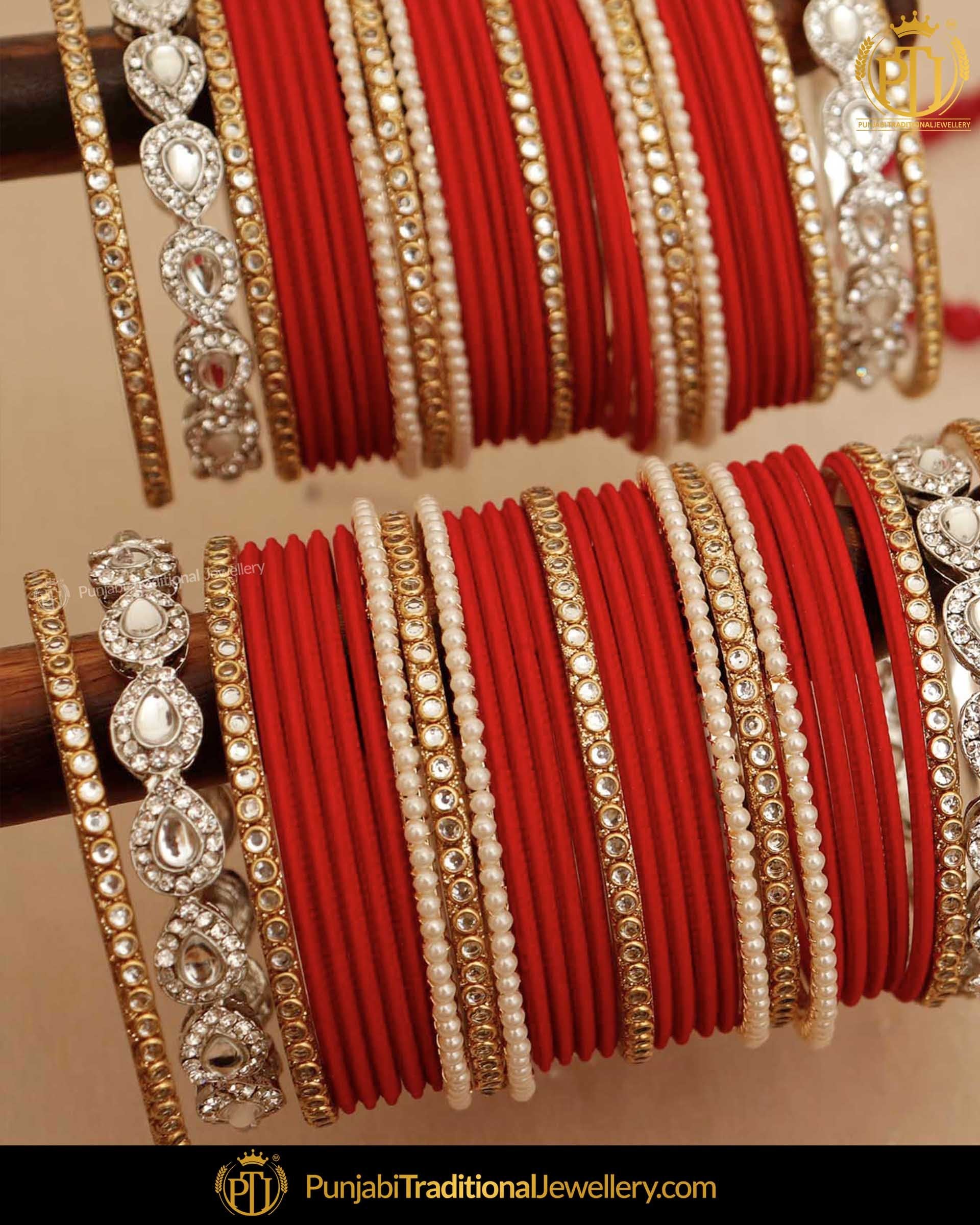 Red Pearl Kundan (For Both Hands) Bangles Set Punjabi