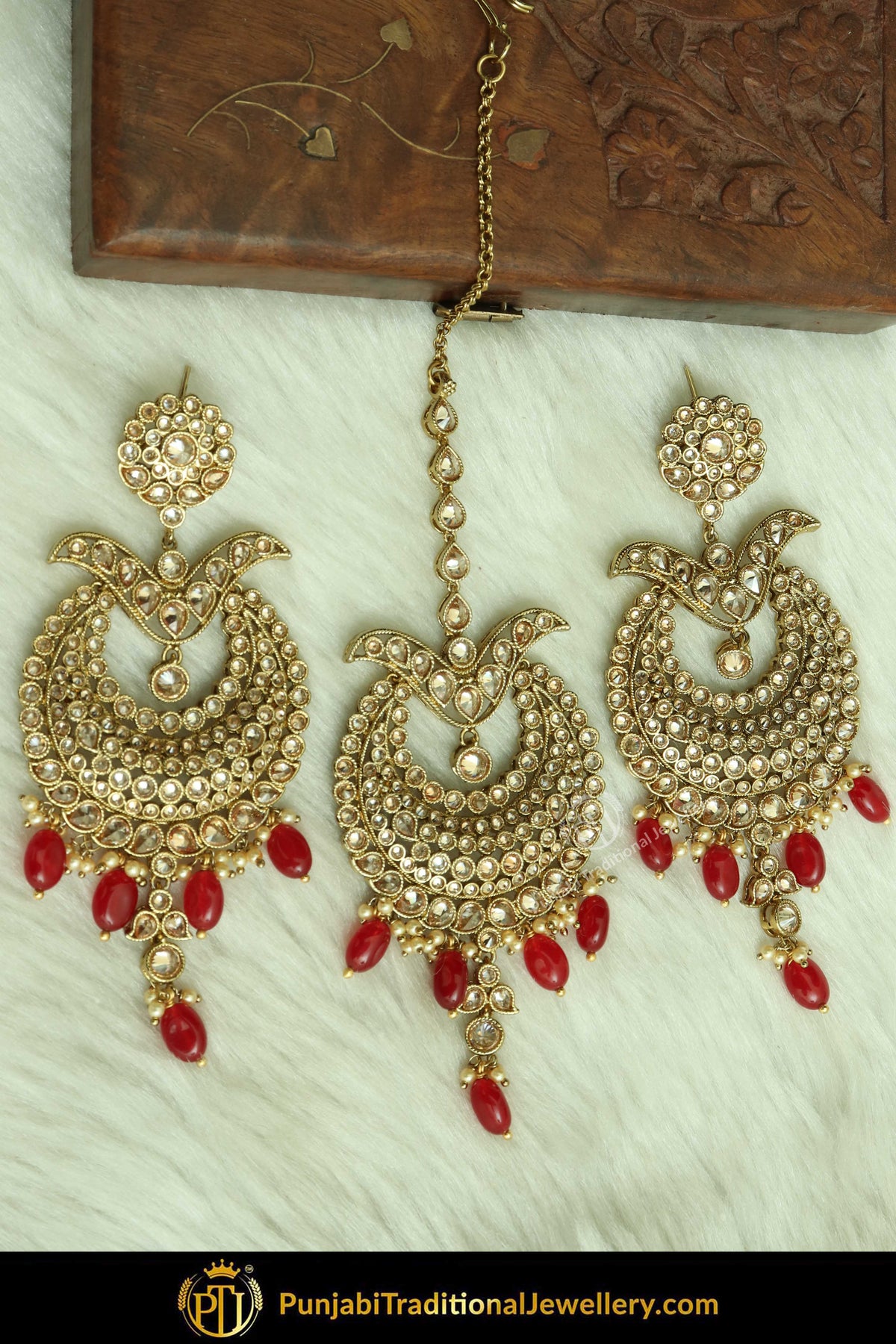 Antique Gold Finised Champagne Stone Red Earring Tikka Set By Punjabi Traditional Jewellery