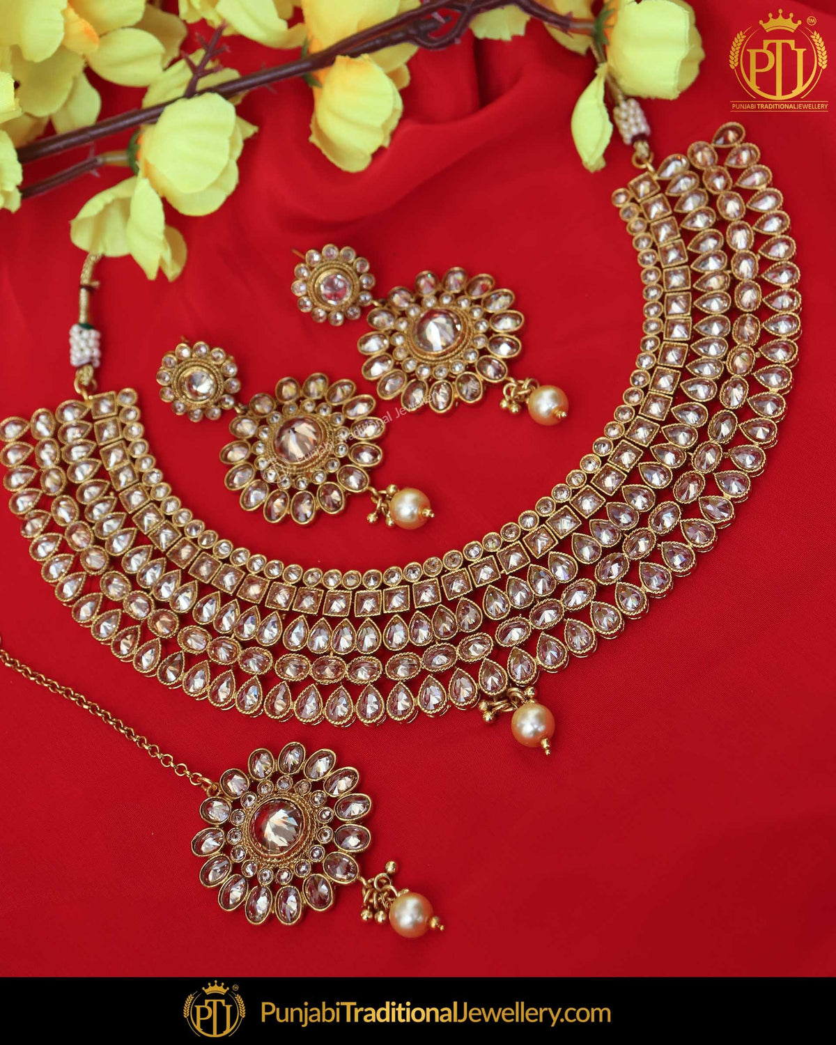Gold Finished Chamapgne Stone Pearl Necklace Set | Punjabi Traditional Jewellery Exclusive