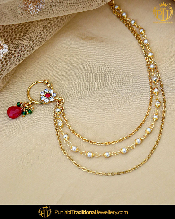 Gold Finished Rubby Kundan Without hole Nose Pin with Chain | Punjabi Traditional Jewellery Exclusive