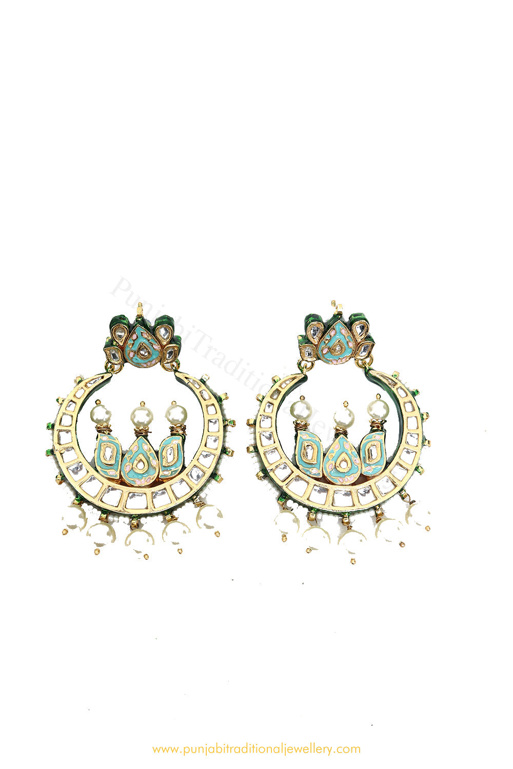 Gold Finished Semi Precious Firoza Kundan Earrings by PTJ