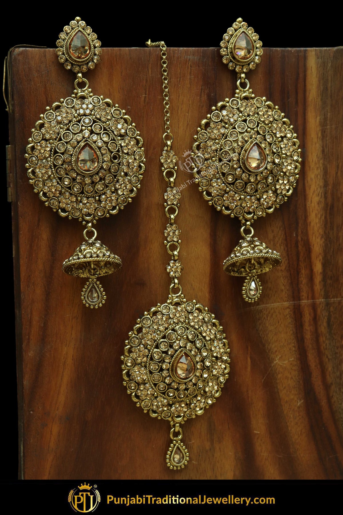 Antique Gold Finised Jerkan Earring Tikka Set By Punjabi Traditional Jewellery