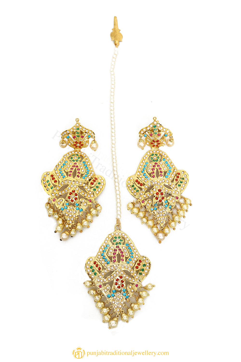 Gold Finished Earrings & Tikka Set by PTJ