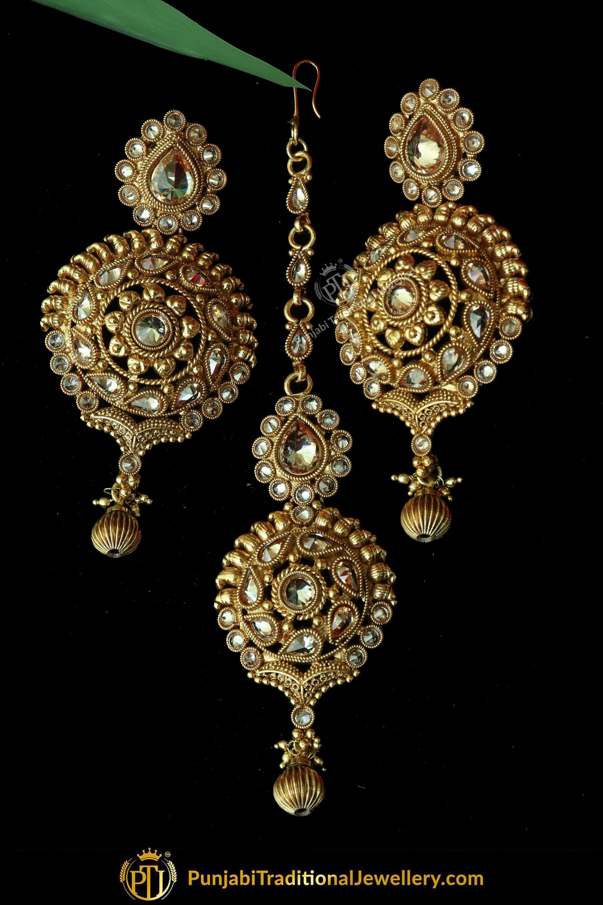 Antique Gold Finised Champagne Stone Earring Tikka Set By Punjabi Traditional Jewellery