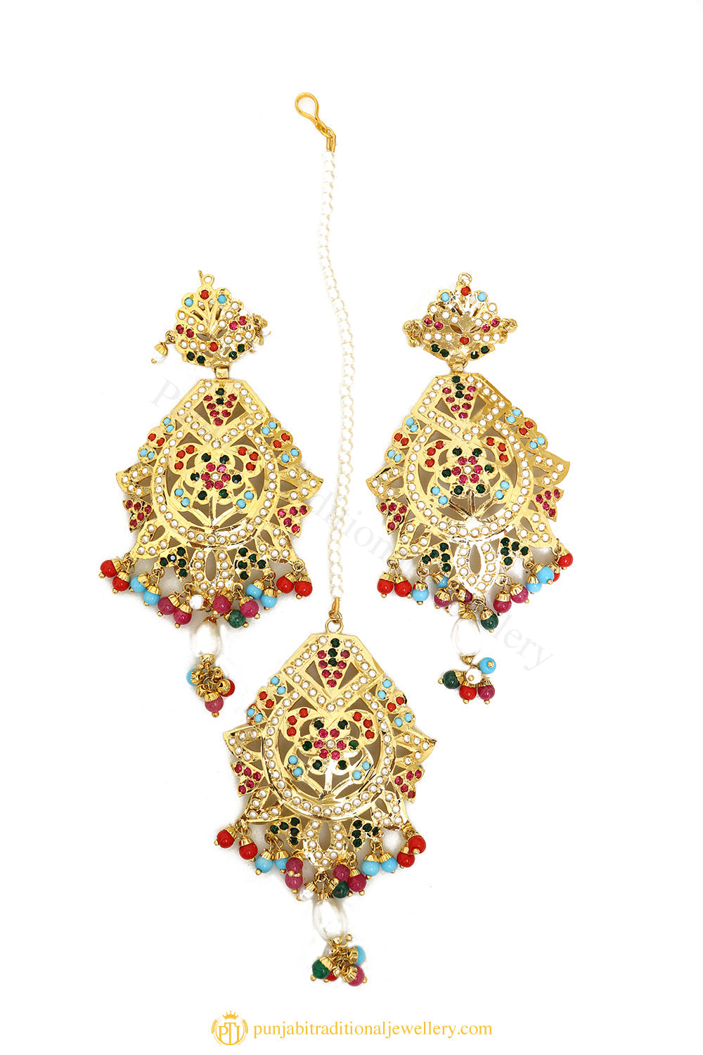Gold Finished Earrings & Tikka Set by PTJ