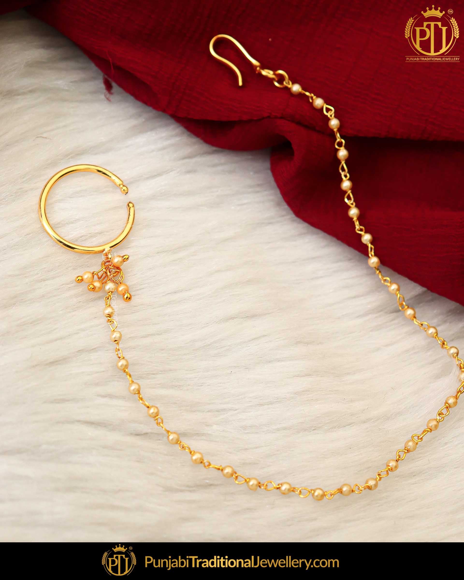 Gold Finished Without hole Nose Pin with Chain | Punjabi Traditional Jewellery Exclusive