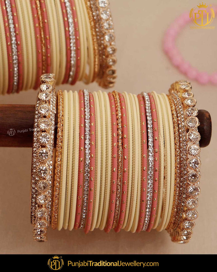 Cream & Peach Jerkan (For Both Hands) Bangles Set | Punjabi Traditional Jewellery Exclusive