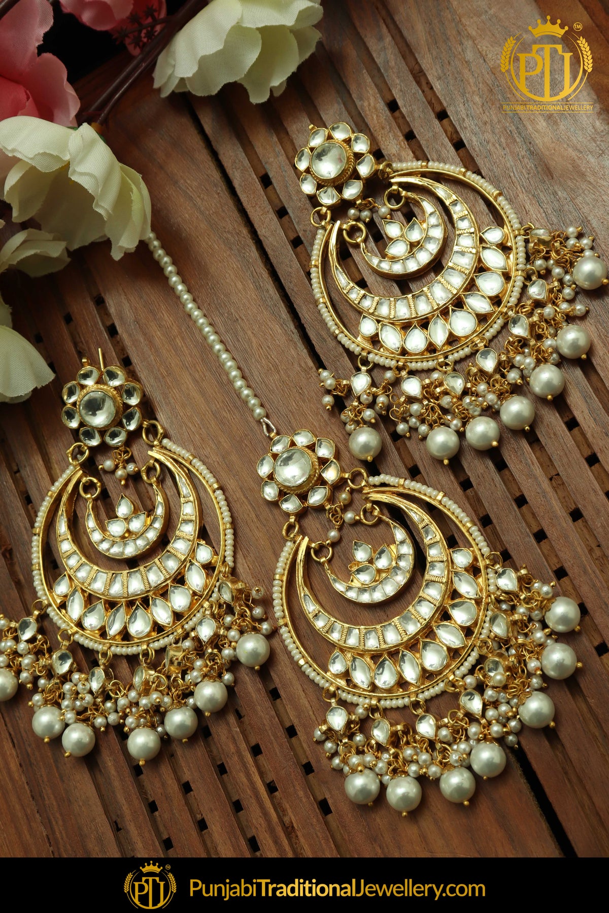 Rahmiya Kundan Pearl ChandBali Earring Tikka Set | Punjabi Traditional Jewellery Exclusive