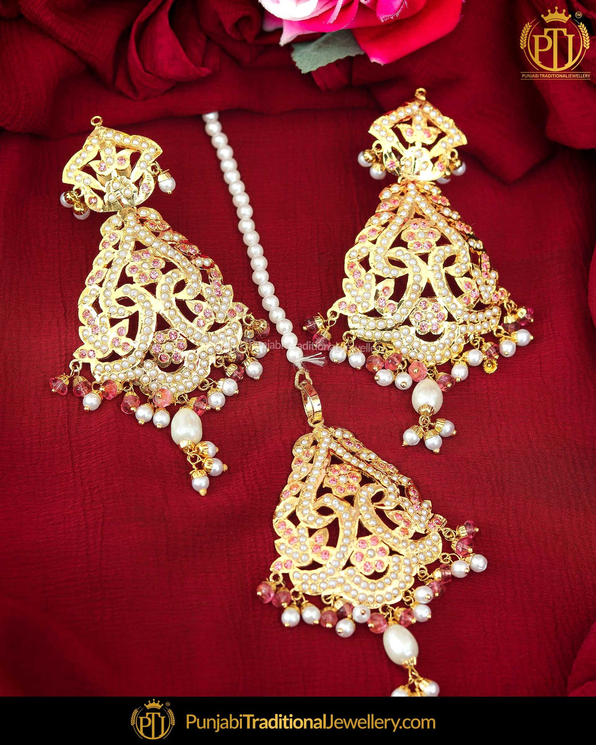 Gold Finished Orange Pearl Jadau Earring Tikka Set | Punjabi Traditional Jewellery Exclusive
