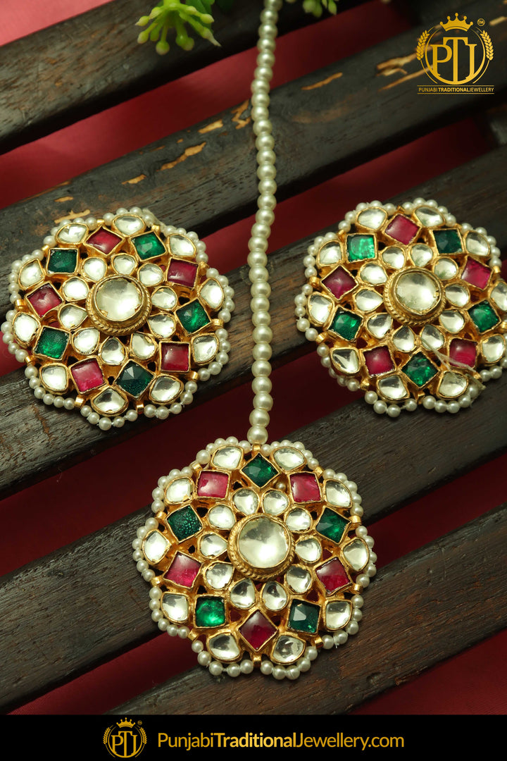 Abida Gold Finished Navratan Kundan Stud Earrings & Tikka Set | Punjabi traditional Jewellery Exclusive