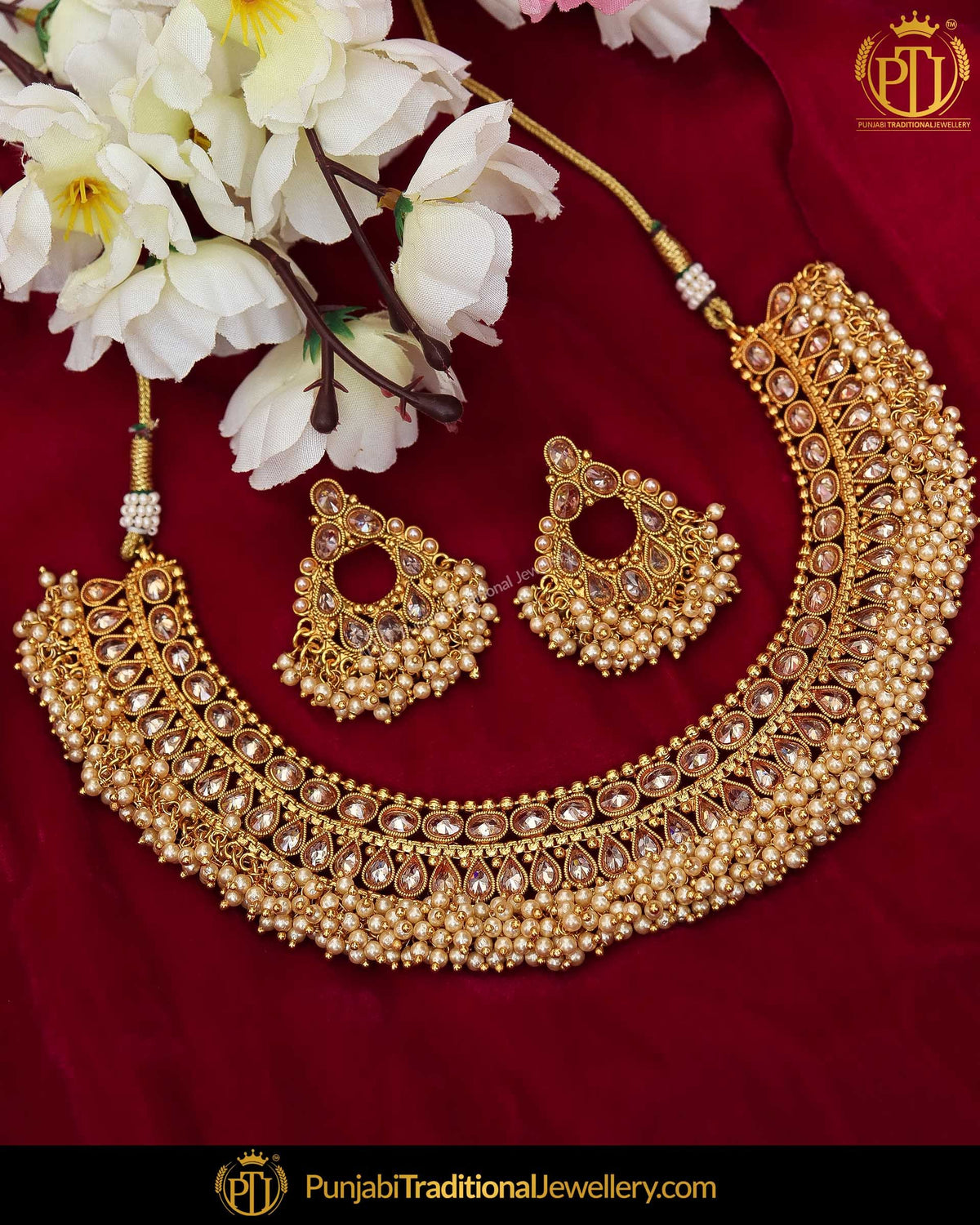 Gold Finished Chamapgne Stone Pearl Necklace Set | Punjabi Traditional Jewellery Exclusive