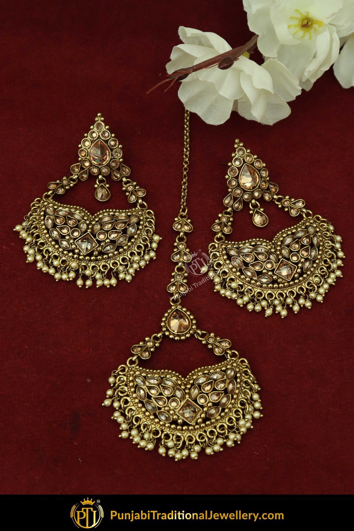 Antique Gold Finised Champagne Stone Earring Tikka Set By Punjabi Traditional Jewellery