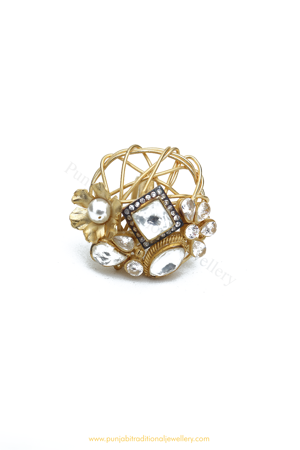 Gold Finished Navratan Kundan Ring By PTJ