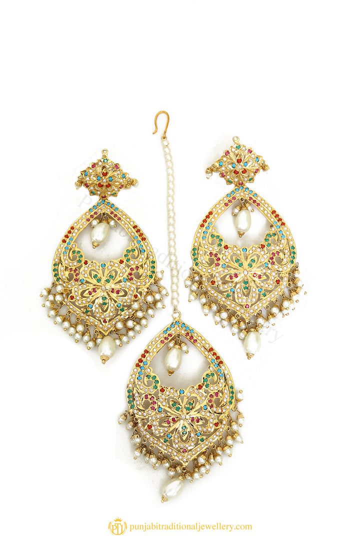 Gold Finished Earrings & Tikka Set by PTJ