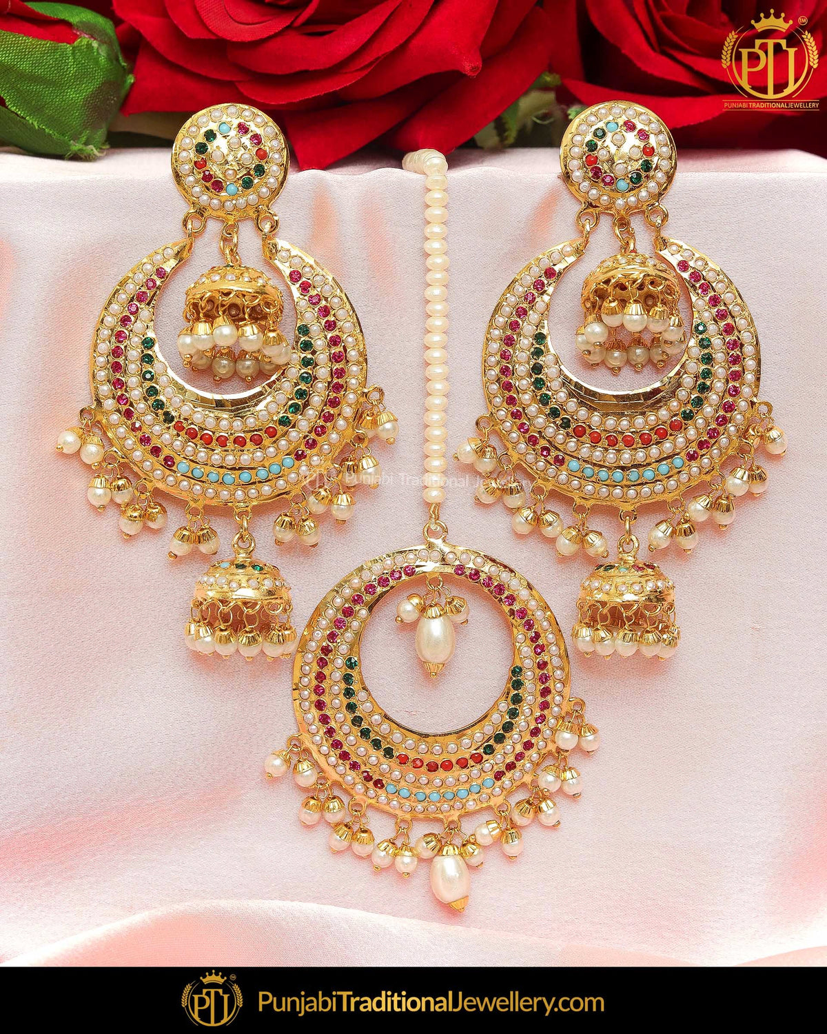 Gold Finished Rubby Emerald Pearl Jadau Earring Tikka Set | Punjabi Traditional Jewellery Exclusive