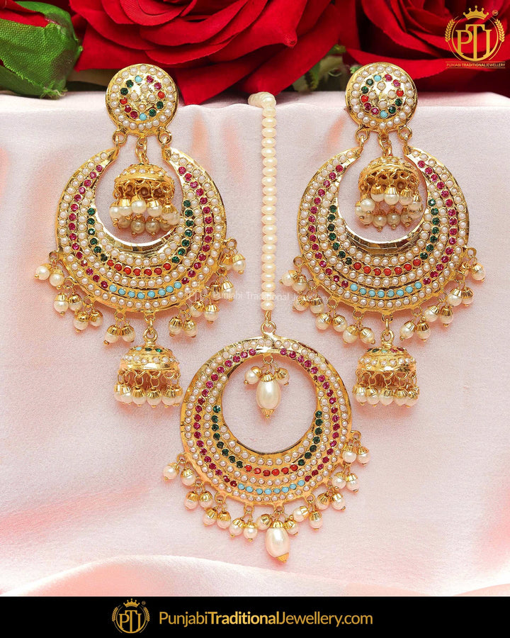Gold Finished Rubby Emerald Pearl Jadau Earring Tikka Set | Punjabi Traditional Jewellery Exclusive