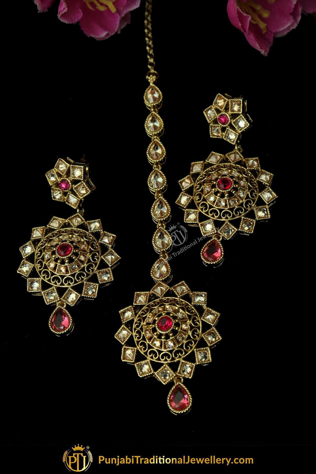 Antique Gold Finised Champagne Stone Red Earring Tikka Set By Punjabi Traditional Jewellery
