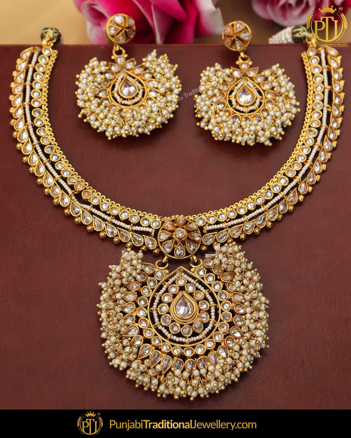 Gold Finished Chamapgne Stone Pearl Necklace Set | Punjabi Traditional Jewellery Exclusive