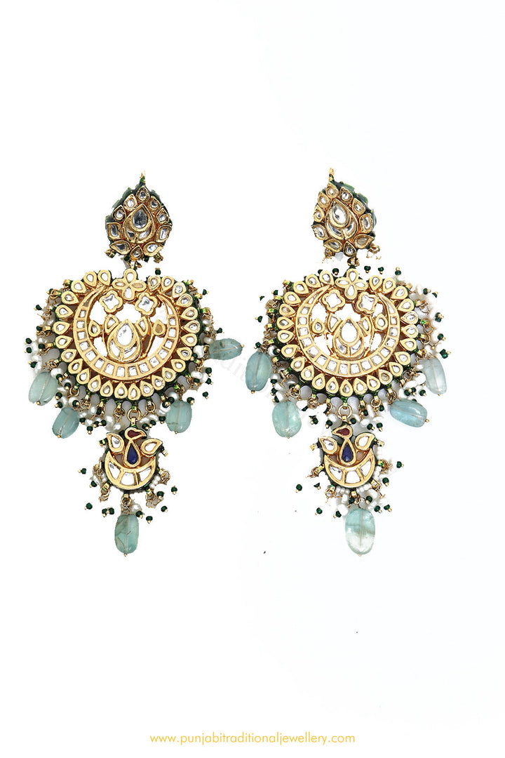 Gold Finished Semi Precious Mint Kundan Earrings by PTJ