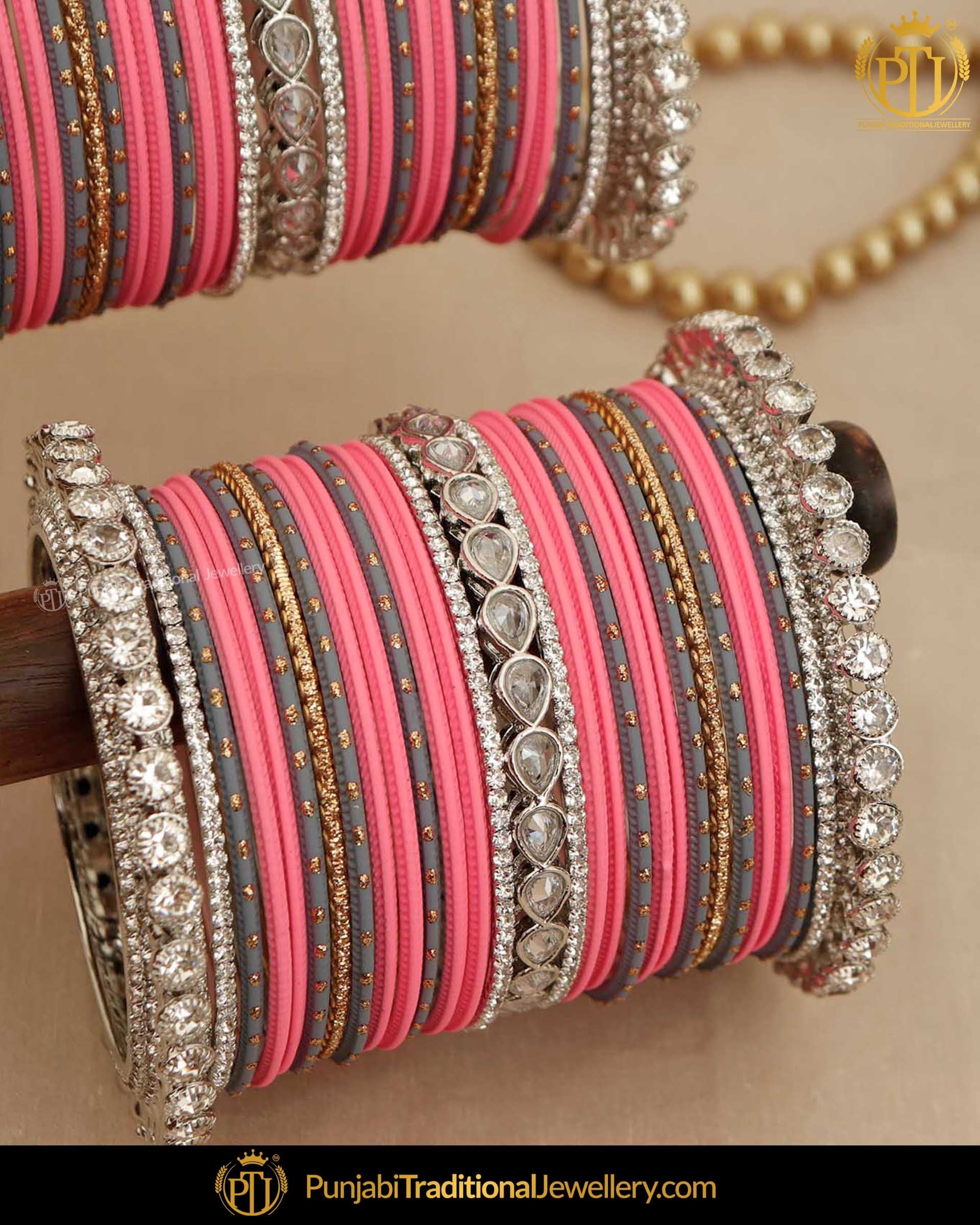 Pink & Grey Silver Jerkan (For Both Hands) Bangles Set | Punjabi Traditional Jewellery Exclusive
