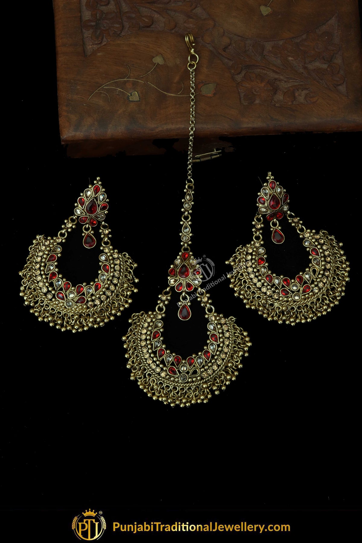 Antique Gold Finised Champagne Stone Red Earring Tikka Set By Punjabi Traditional Jewellery