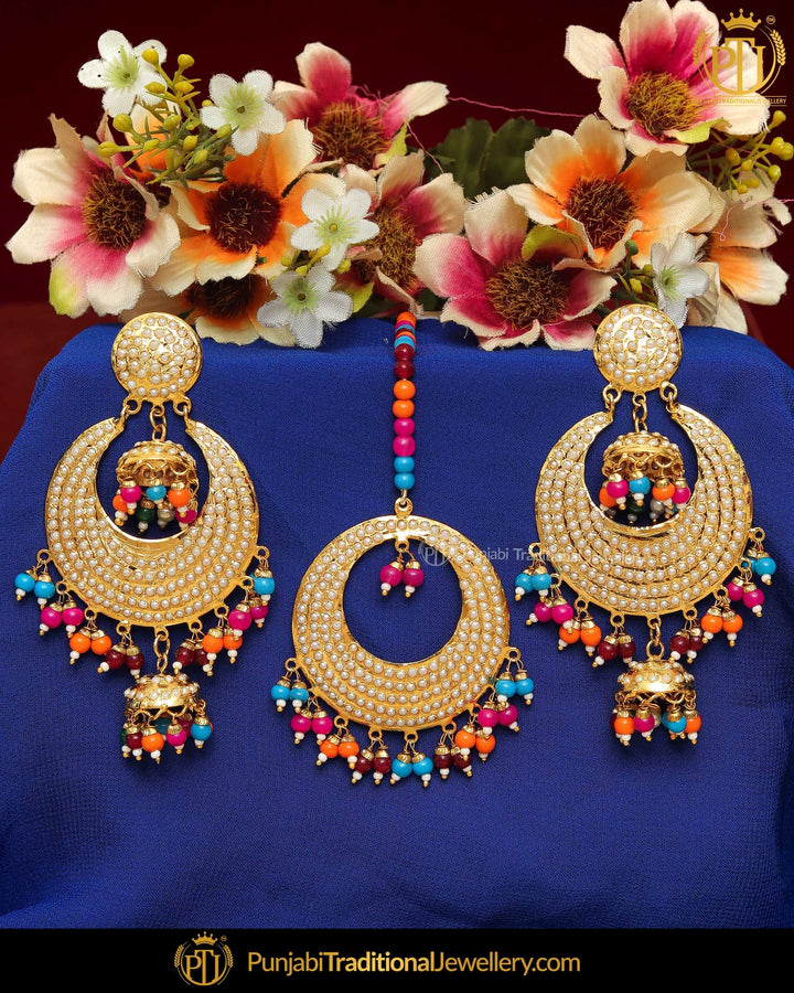 Gold Finished Navratan Pearl Jadau Earring Tikka Set | Punjabi Traditional Jewellery Exclusive