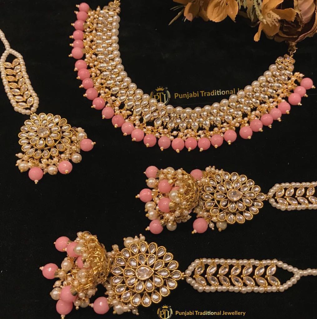 Kaashna Antique Gold Finished Baby Pink Kundan Choker Set | Punjabi Traditional Jewellery Exclusive