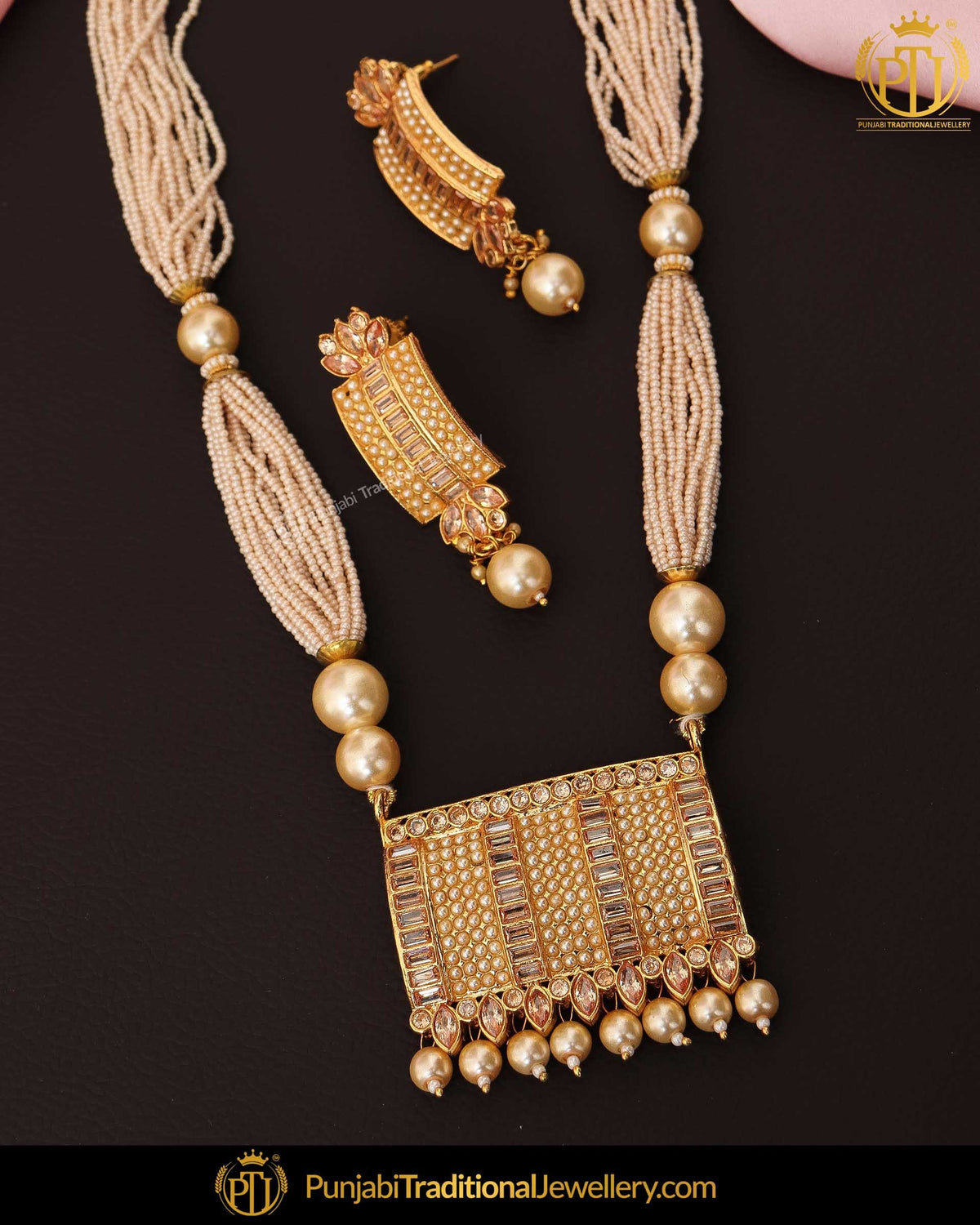 Gold Finished Chamapgne Stone Pearl Mala Necklace Set | Punjabi Traditional Jewellery Exclusive