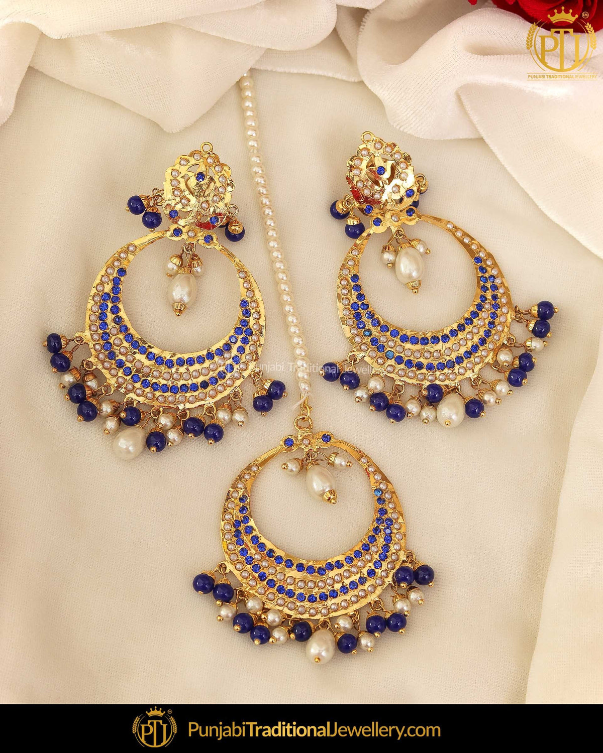 Gold Finished Blue Pearl Jadau Earring Tikka Set | Punjabi Traditional Jewellery Exclusive