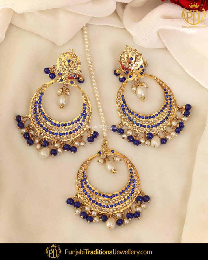 Gold Finished Blue Pearl Jadau Earring Tikka Set | Punjabi Traditional Jewellery Exclusive