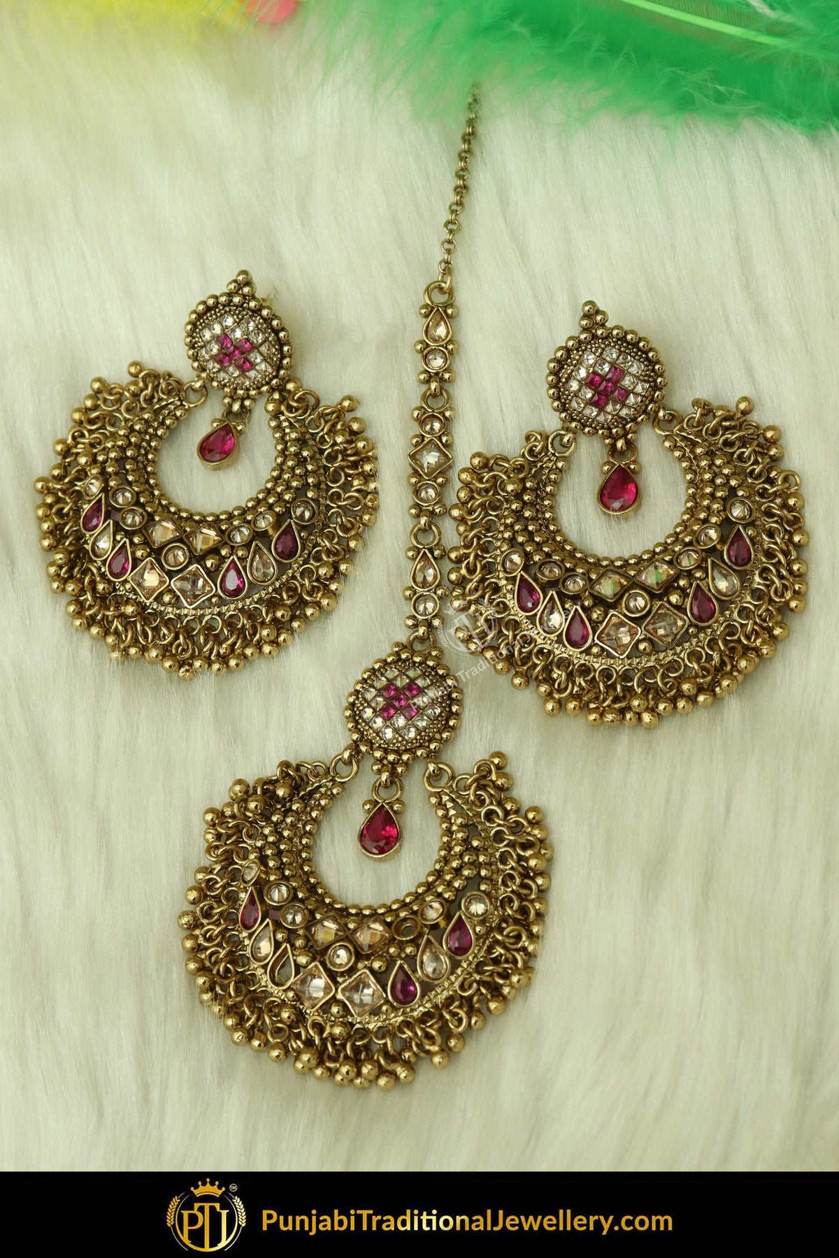 Antique Gold Finised Champagne Stone Pink Earring Tikka Set By Punjabi Traditional Jewellery