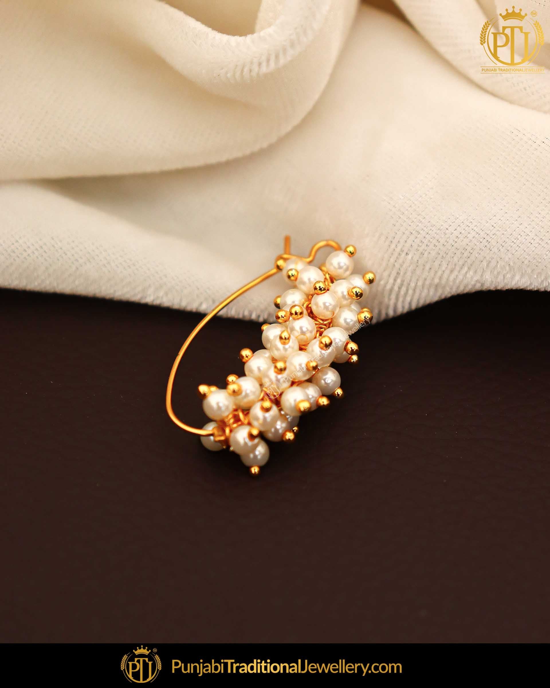 Gold Finished Pearl Without hole Nose Pin| Punjabi Traditional Jewellery Exclusive