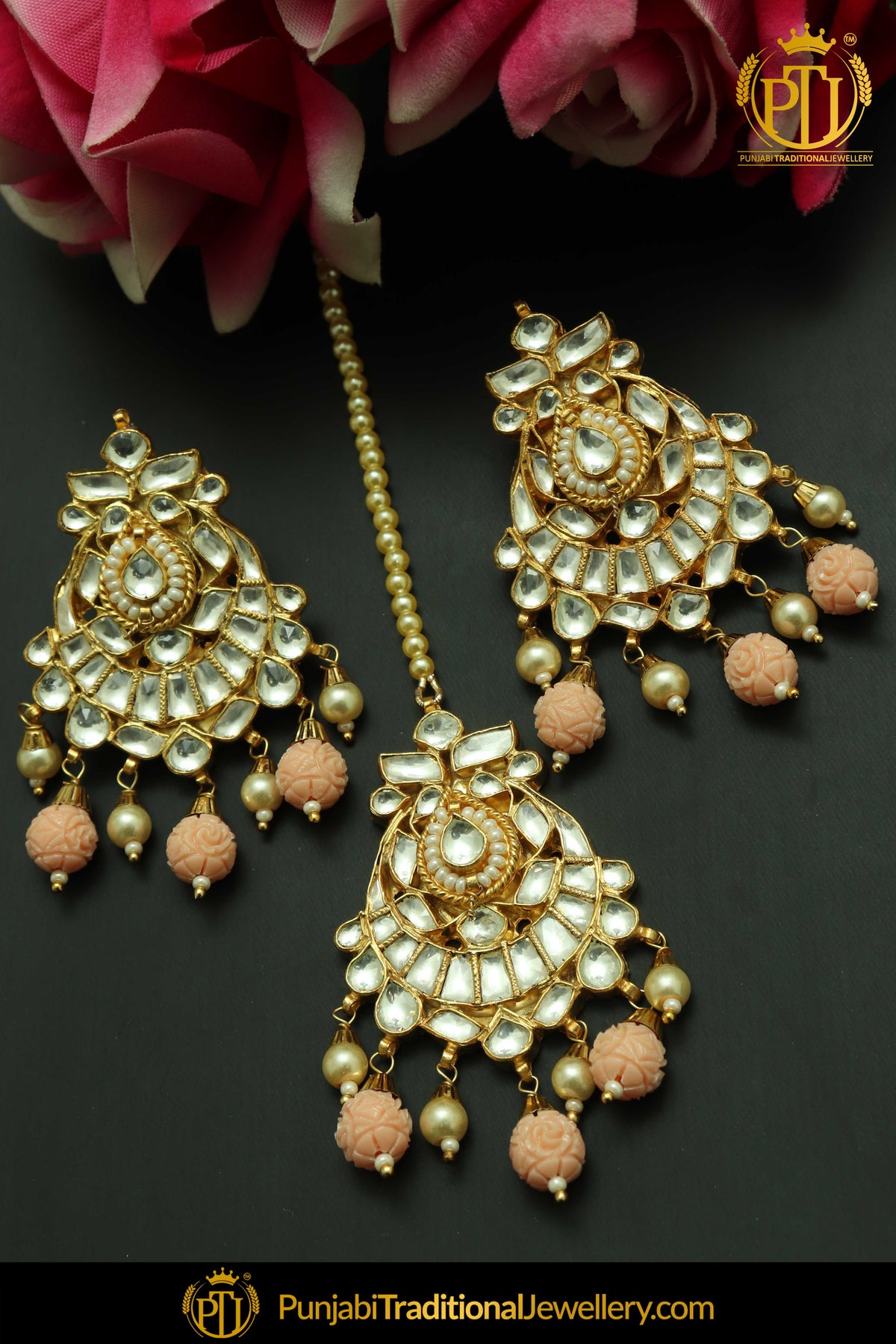 Gold Finished Peach Kundan Earring Tikka Set | Punjabi Traditional Jewellery Exclusive