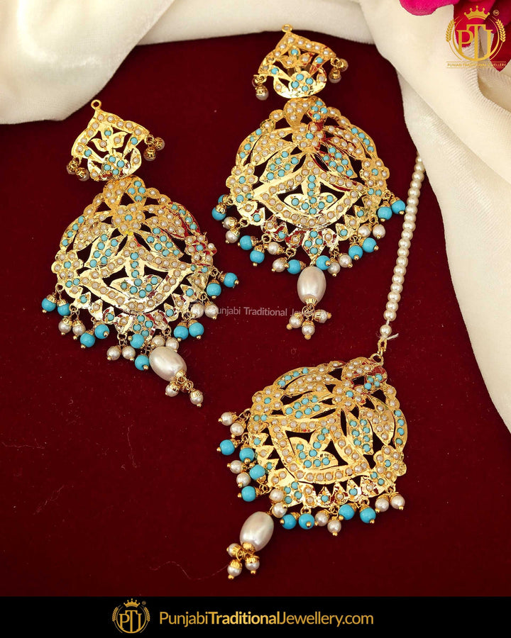 Gold Finished Firozi Emerald Pearl Jadau Earring Tikka Set | Punjabi Traditional Jewellery Exclusive