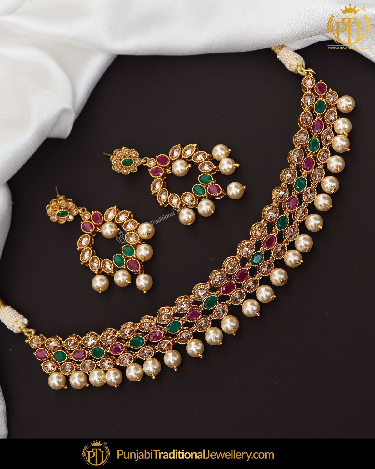 Gold Finished Emerald Rubby Chamapgne Stone Necklace Set | Punjabi Traditional Jewellery Exclusive