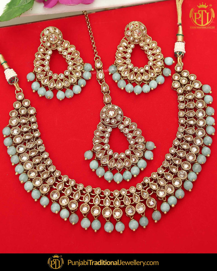 Gold Finished Champagne Stone Firozi Pearl Necklace Set | Punjabi Traditional Jewellery Exclusive