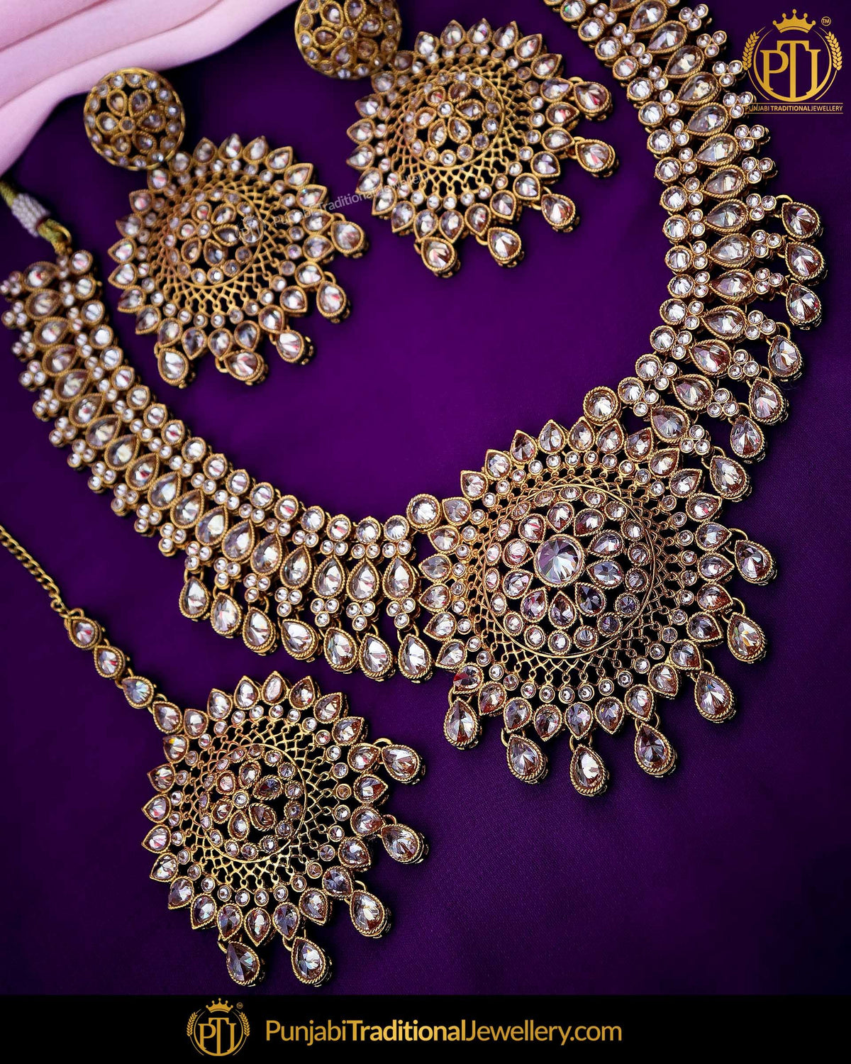 Gold Finished Champagne Stone Pearl Necklace Set  | Punjabi Traditional Jewellery Exclusive