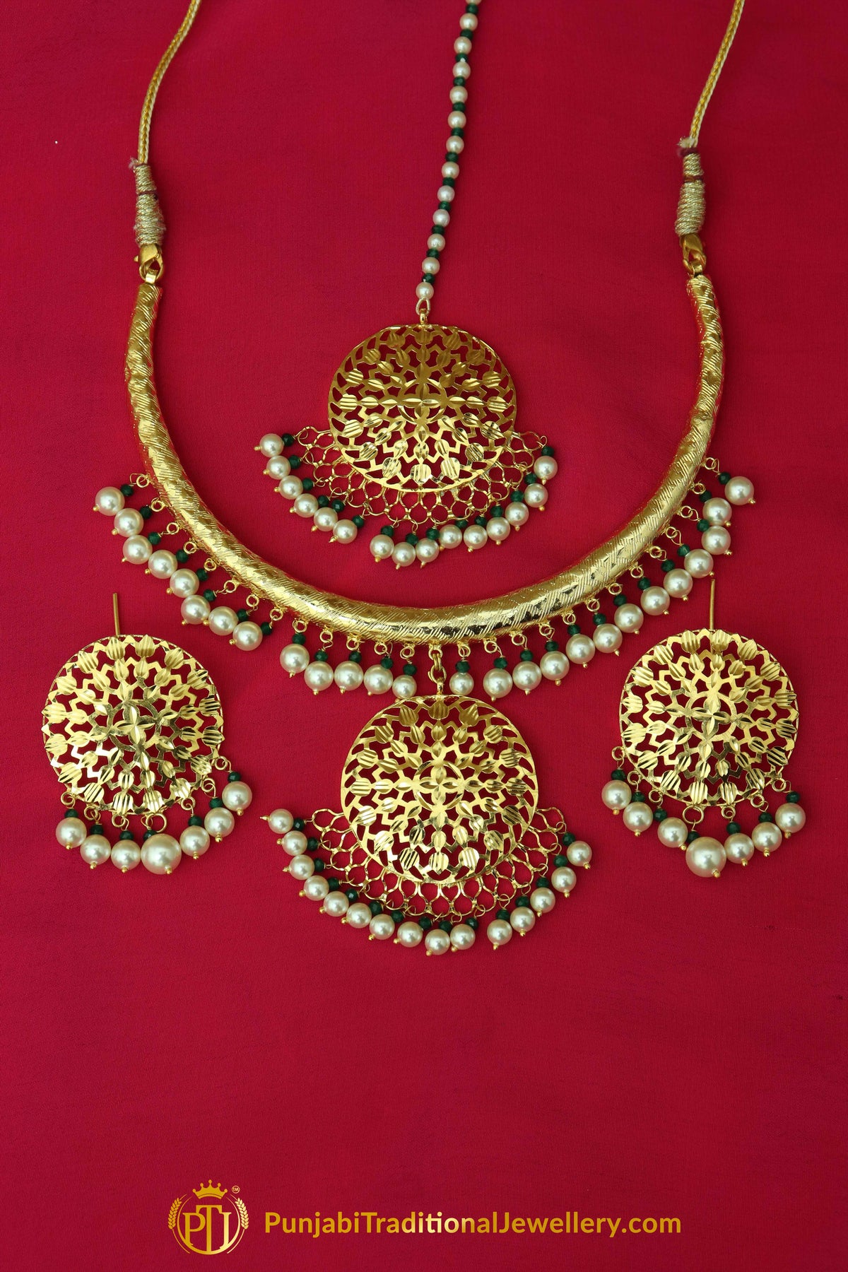 Hayfa Gold Finished Hasli Necklace, Tikka & Earrings | Punjabi Traditional Jewellery Exclusive