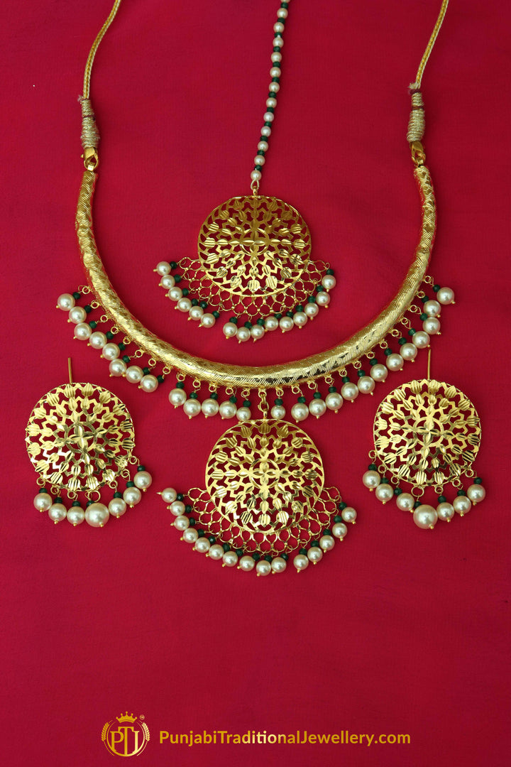 Hayfa Gold Finished Hasli Necklace, Tikka & Earrings | Punjabi Traditional Jewellery Exclusive