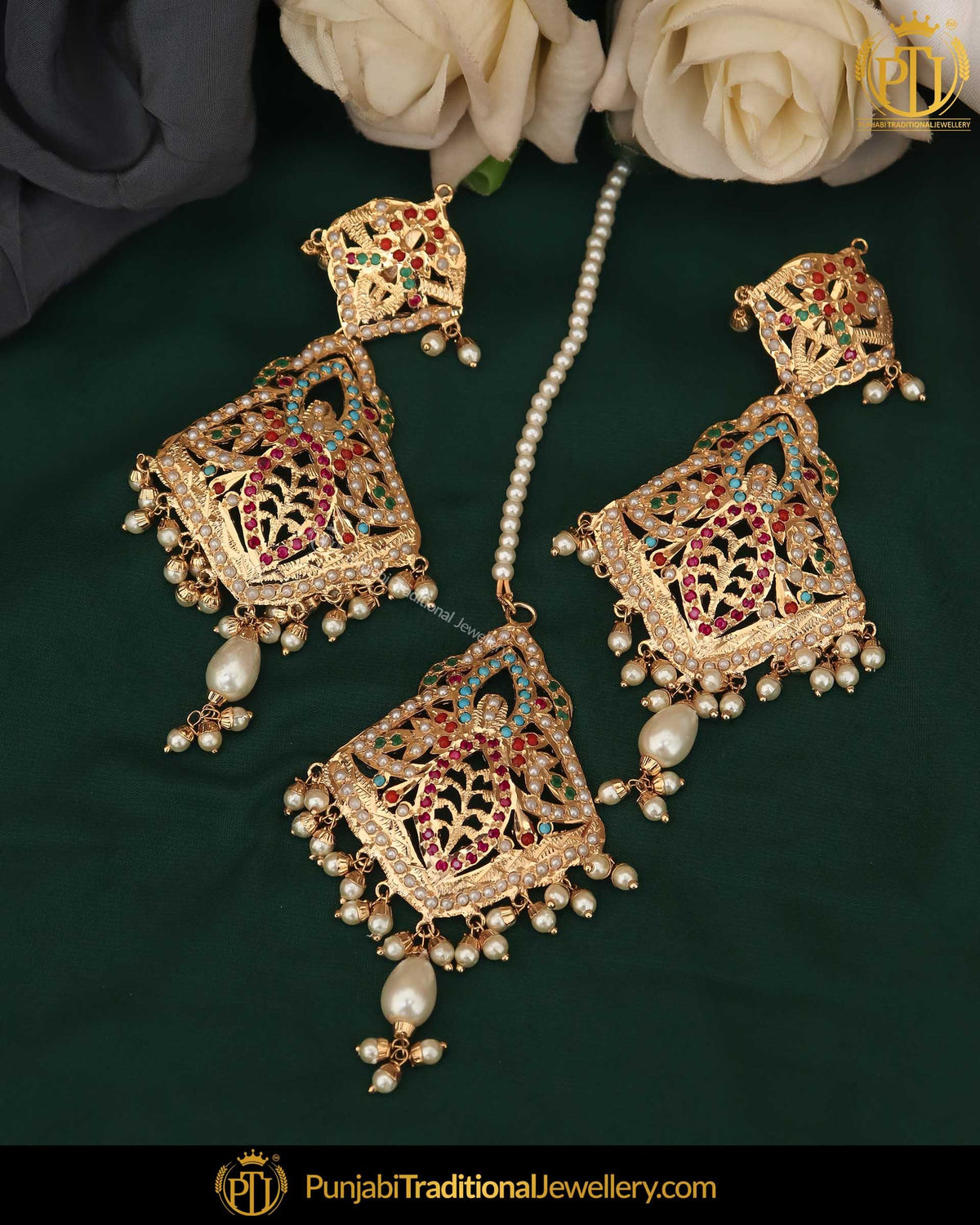 Gold Finished Jadau Multi Earring Tikka Set | Punjabi Traditional Jewellery Exclusive