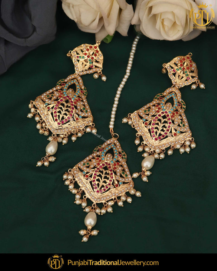 Gold Finished Jadau Multi Earring Tikka Set | Punjabi Traditional Jewellery Exclusive
