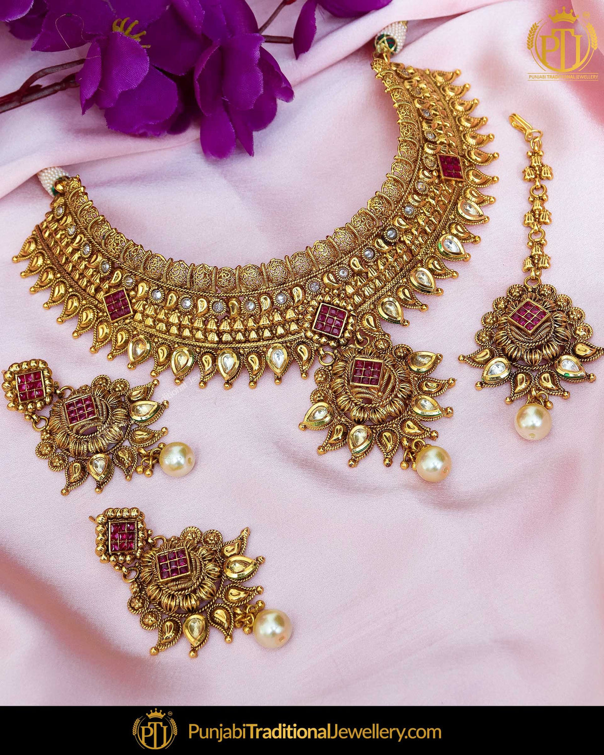 Antique Gold Finished Rubby Kundan Stone Pearl Choker Johda Necklace Set  | Punjabi Traditional Jewellery Exclusive