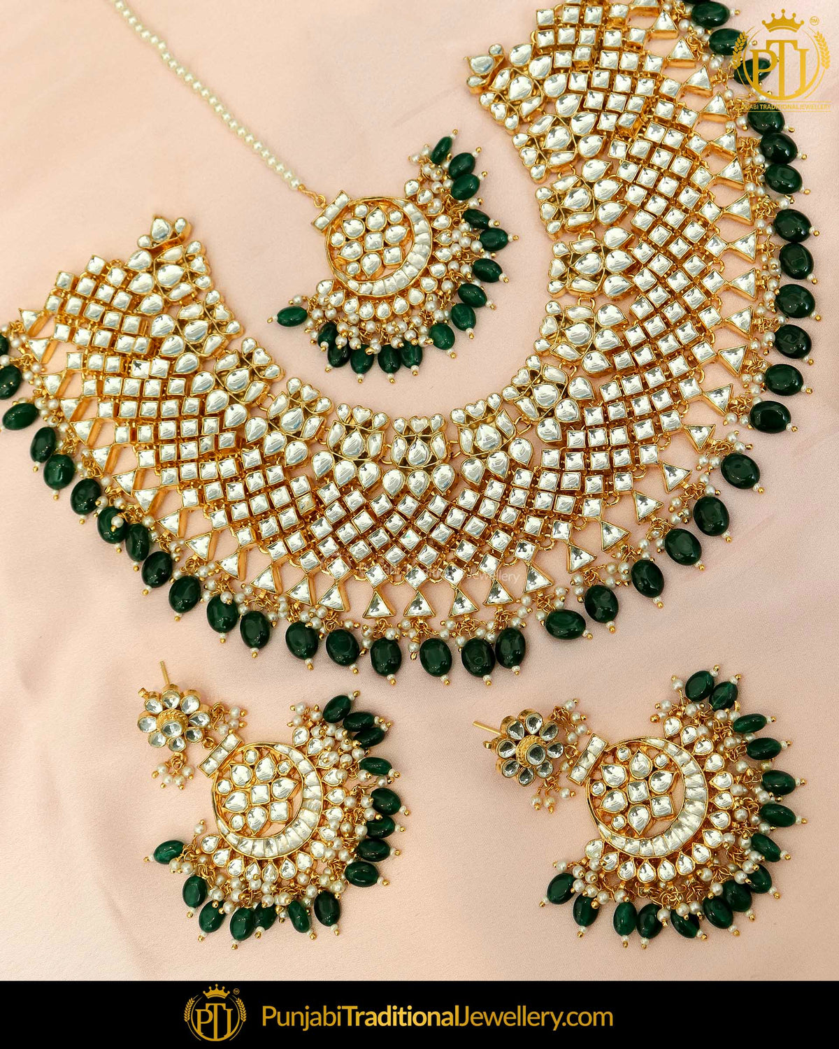 Kundan Emerald Pearl Necklace & Earring Tikka Set | Punjabi Traditional Jewellery Exclusive