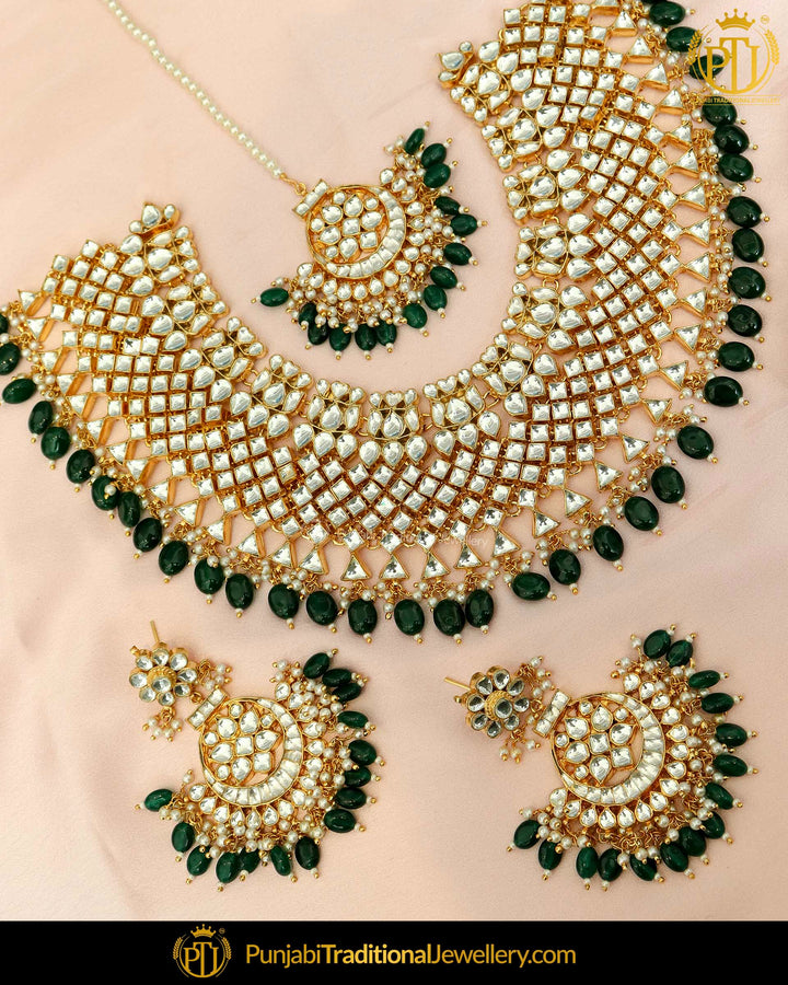 Kundan Emerald Pearl Necklace & Earring Tikka Set | Punjabi Traditional Jewellery Exclusive