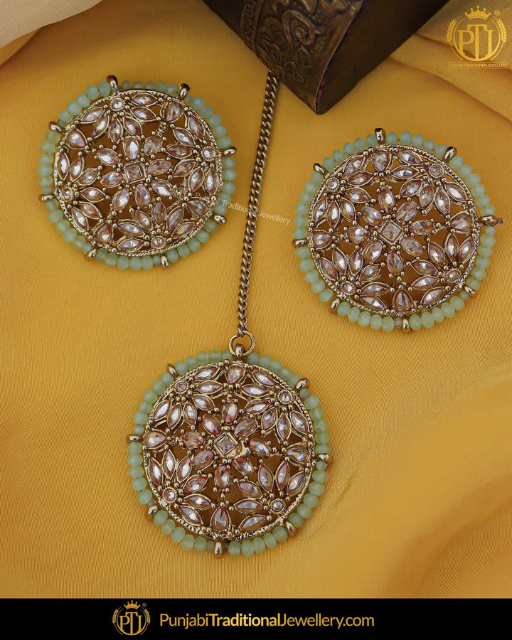 Gold Finished Green Champagne Stone Stud Earring Tikka Set | Punjabi Traditional Jewellery Exclusive