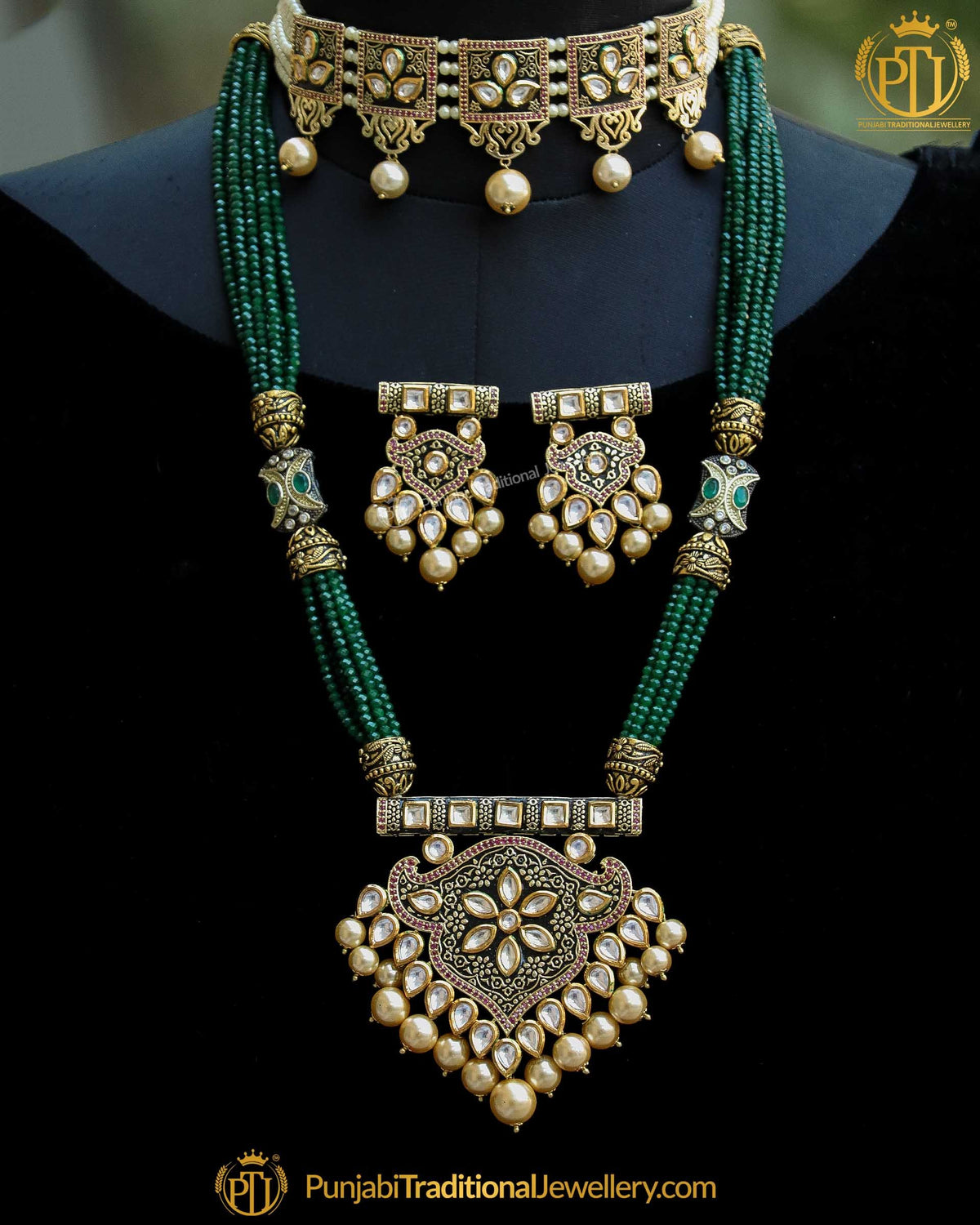 Antique Gold Finished Green Kundan Mugal Mala & Choker Necklace Set | Punjabi Traditional Jewellery Exclusive