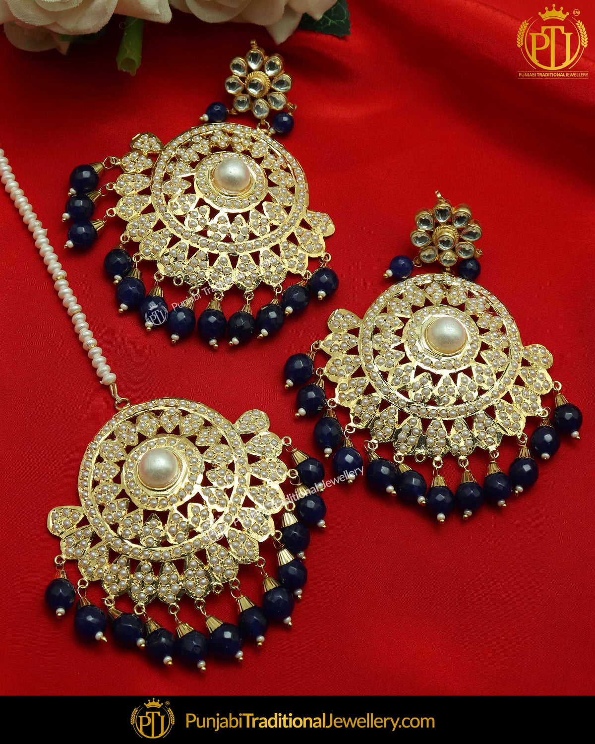 Gold Finished Blue Jadau Pearl Earring Tikka Set | Punjabi Traditional Jewellery Exclusive