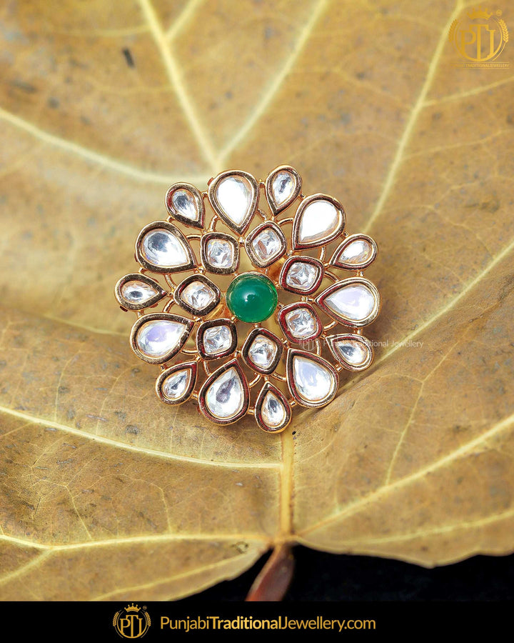 Gold Finished Emerald Kundan Ring | Punjabi Traditional Jewellery Exclusive