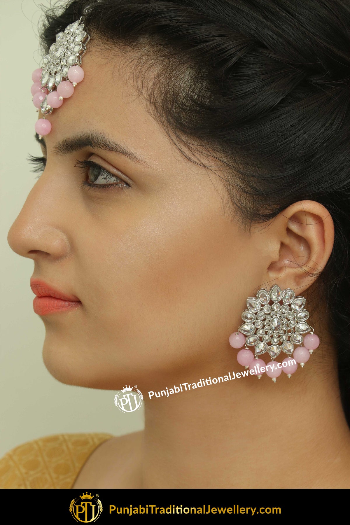 Khudrah Silver Finished Pink Stud Earring Tikka Set | Punjabi Traditional Jewellery Exclusive
