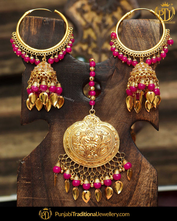 Gold Finished Pink Jhumki & Bali Pearl Pippal Patti Patra Earrings & Tikka Set | Punjabi Traditional Jewellery Exclusive